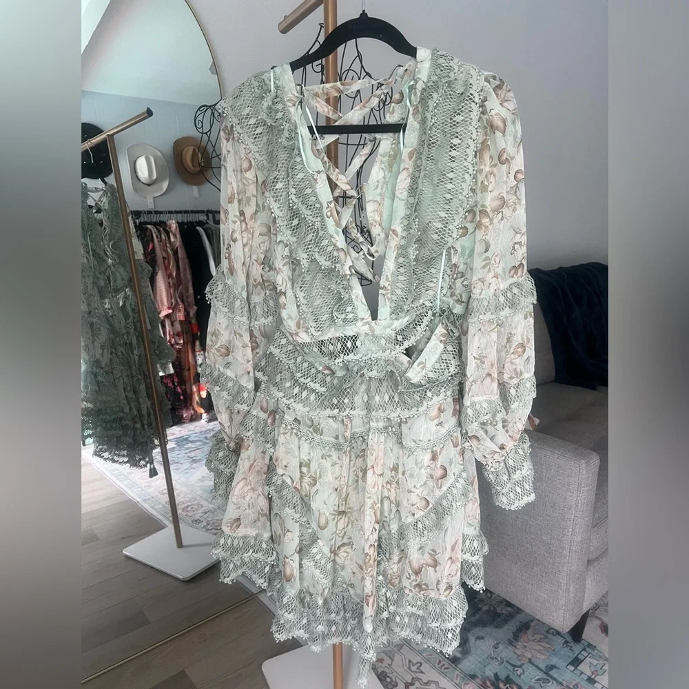 154. Lace Trim Sage Green Dress - 2X, 3X - Picture 3 of 6